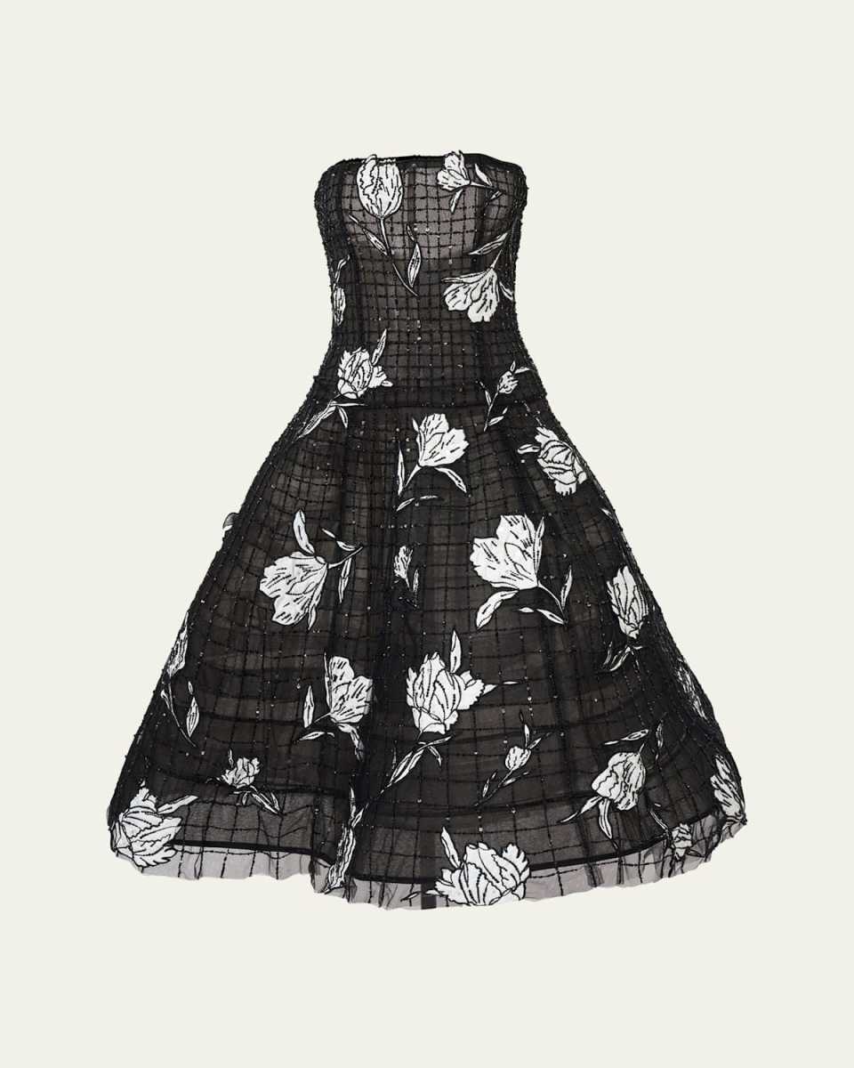 Floral Embroidered Strapless Drop-Waist Dress